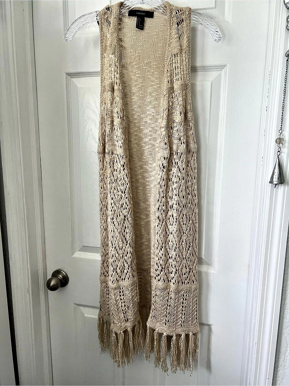 Forever 21 Open Knit Fringe Vest Size Small in Beige